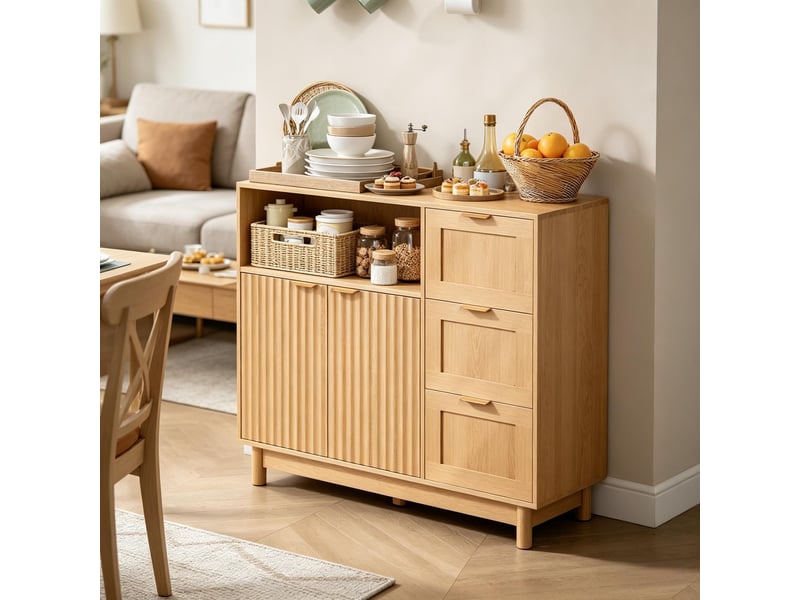  Buffet avec 3 tiroirs, niche ouverte et étagère réglable pour cuisine en mdf 90×35×80 cm effet bois  - Conforama B