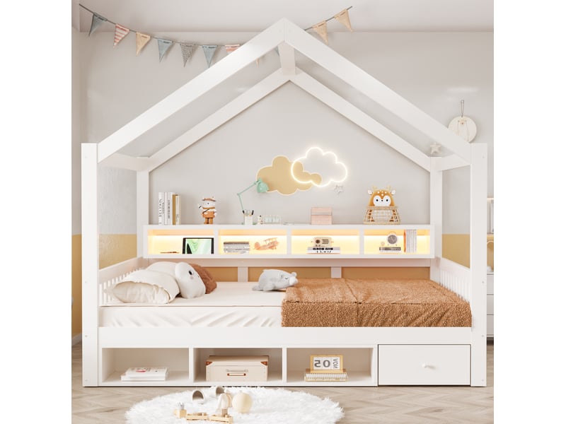  Lit cabane 140x200 cm avec rangements, led et prises, blanc  - Conforama D