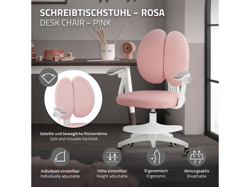  Ml-design chaise de bureau pour enfant 95-107 cm rose avec dossier divisé et repose-pieds siége d'étude ergonomique pivotant 360° hauteur réglable accoudoirs rabattables tissu respirant confortable  - Conforama C