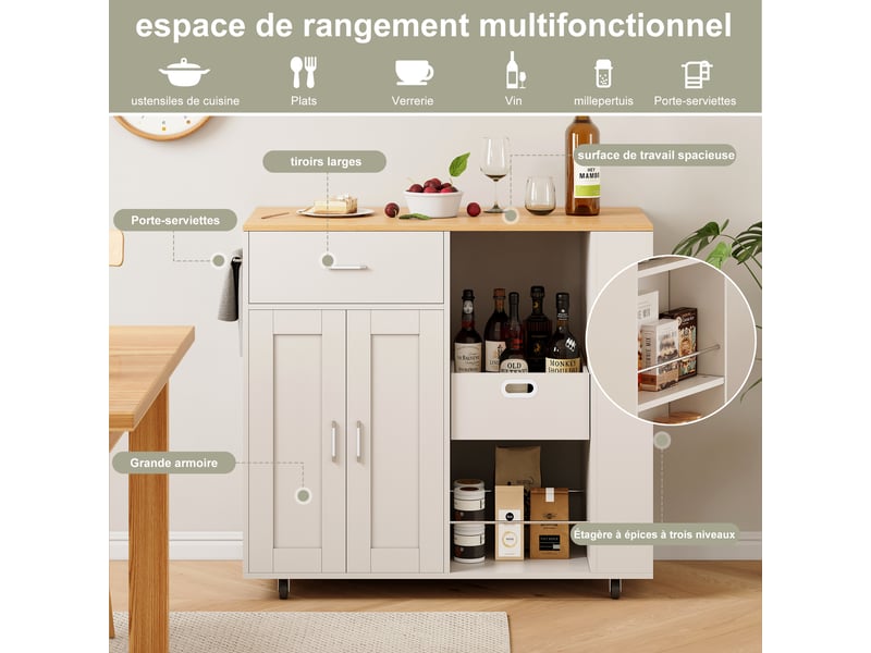  Desserte de cuisine à roulettes, îlot de cuisine mobile, buffet de cuisine, 46 x 102 x 92 cm, avec porte-serviettes, 2 portes 1 tiroir, blanc  - Conforama C