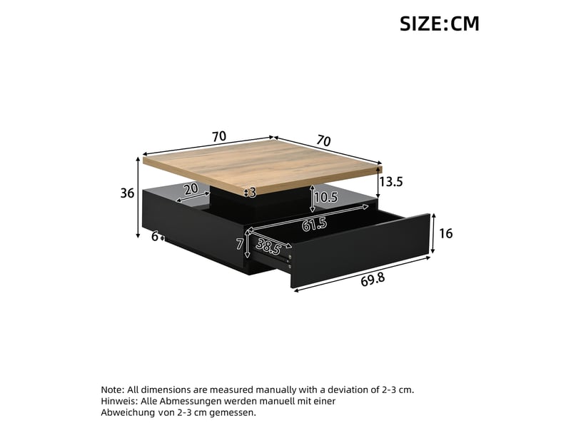  Table basse carrée pivotante à 360°, noir brillant et noyer  - Conforama B