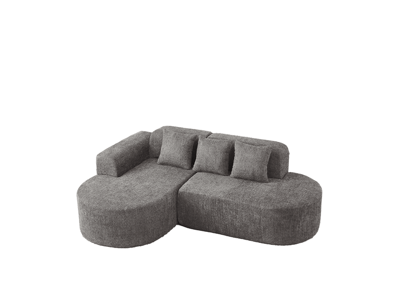 Canapé d’angle en l 3 places 222x157x73 cm avec méridienne gauche, formes arrondies style wabi-sabi, 3 coussins dossier, chenille gris anthracite - Conforama A