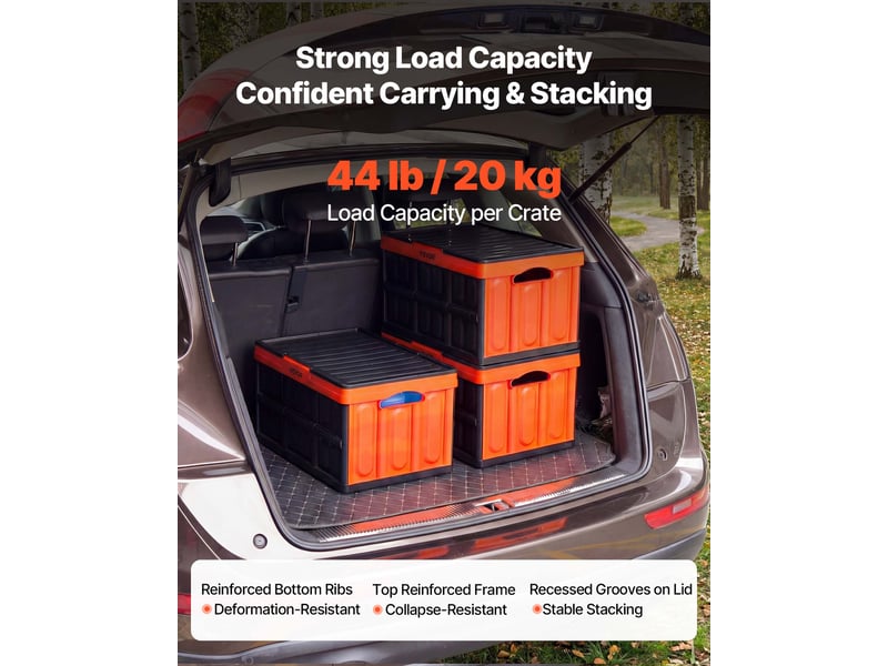  Vevor caisse plastique pliable avec couvercle 45 l, lot de 3, bac de rangement pliable et empilable avec poignees, charge max. 20 kg par caisse pour maison, camping, voiture et courses, noir et orange  - Conforama C