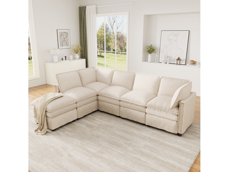  Canapé modulable modenvie xxl 6 places avec fonction couchage, configuration en u ou l, pouf mobile, chenille beige, 344 x 127 x 91 cm  - Conforama B