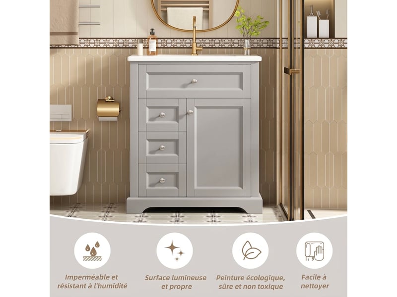 Meuble salle de bain avec lavabo 76x46x87cm meuble vasque sur pied gris en mdf avec tiroirs  - Conforama C