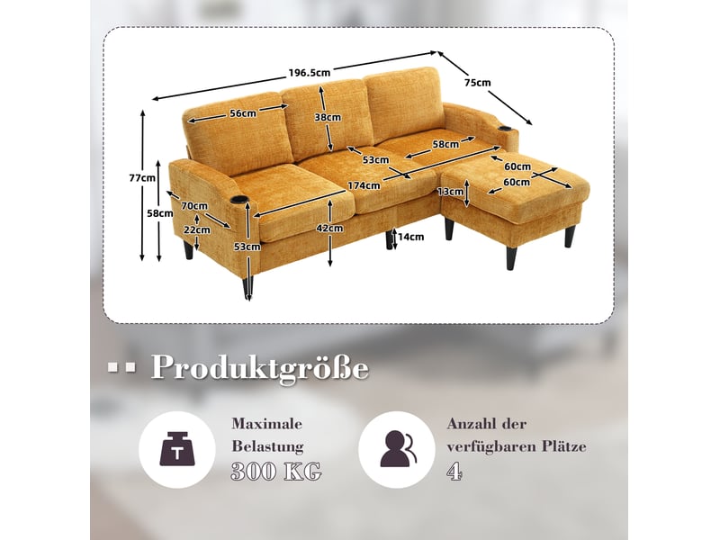  Canapé 4 places jaune en chenille avec pouf de rangement, porte-gobelets et poches latérales  - Conforama E