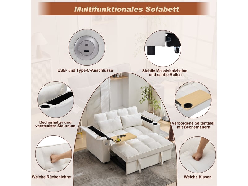  Canapé convertible 3 en 1, canapé 2 places beige en tissu, lit d'appoint avec dossier réglable et ports usb pour salon et chambre.  - Conforama B