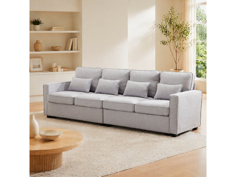  Canapé droit 4 pl 264x83x87 cm, coussins, poches latérales, meuble de salon moderne, finition lin gris  - Conforama B