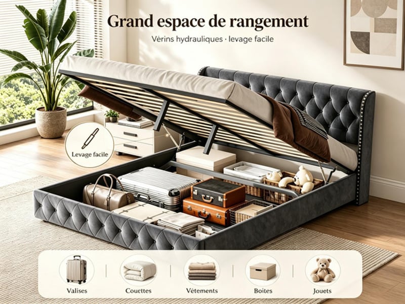 Lit coffre 160x200 cm ezssw, coloris gris - Conforama D
