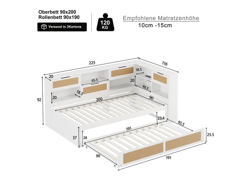  Lit banquette 90x200 avec lit gigogne blanc, lit enfant avec rangements et port usb, lit simple multifonction en bois massif.  - Conforama R