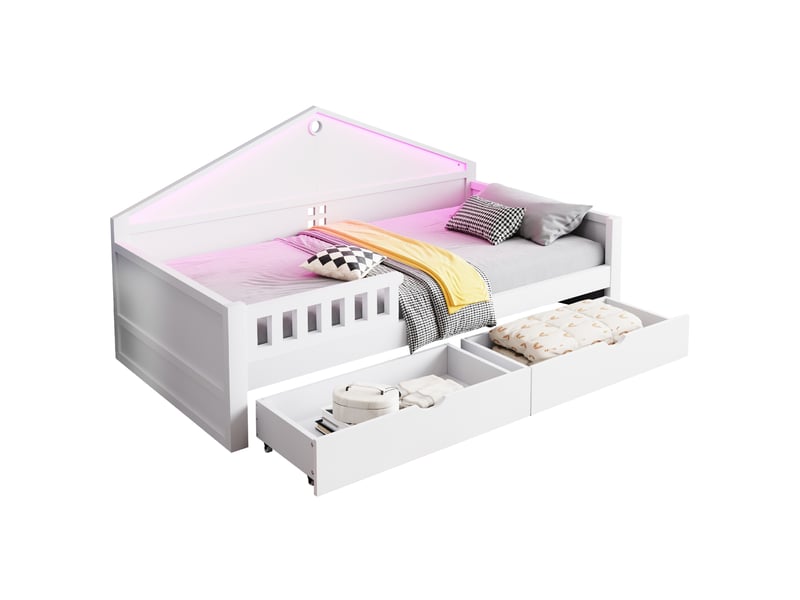  Lit enfant simple 90x200 cm, structure bois, coloris blanc, sommier, 2 tiroirs de rangement, bande éclairage led, sans matelas  - Conforama E