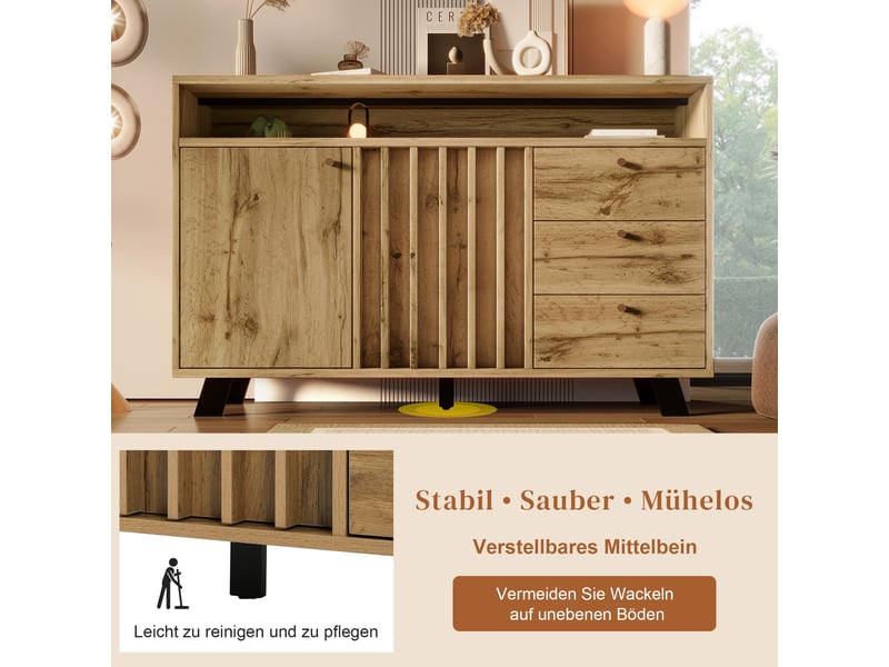  Buffet chêne foncé 120 cm, commode vintage 3 tiroirs et portes à lattes pour salon. Matelas non inclus.  - Conforama D