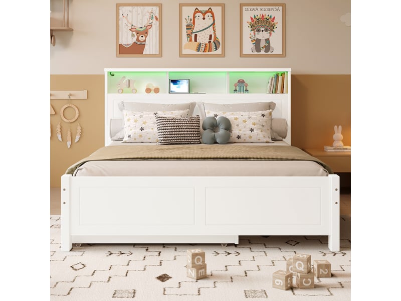 Lit enfant 120x200+90x190cm, lit gigogne avec led, tête de lit rangement, chargeur, sommiers, mdf, blanc, sans matelas - Conforama B