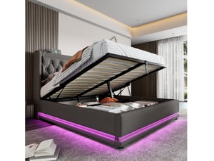 Lit double avec rangement hydraulique gris en coton 140 x 200 cm avec led et ports usbtype-c