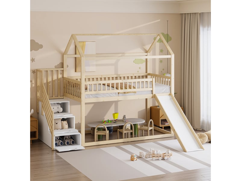  Lit superposé enfant 90*200 cm bois naturel, toboggan et échelle avec rangement, rambarde haute en bois massif  - Conforama C