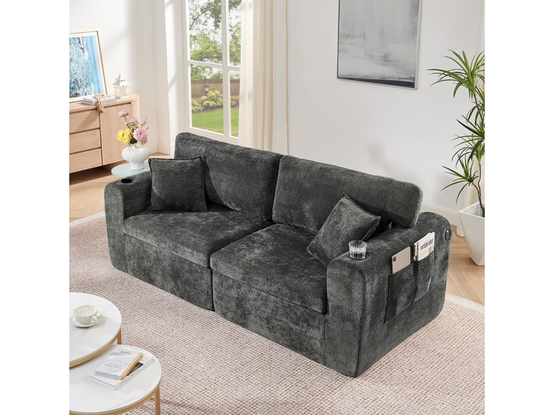 Canapé relax 2 places 220 x 100 x 89 cm, tissu chenille doux, poche latérale, porte-gobelet, coussins, pour petits espaces, noir Bliss Lite - Conforama E