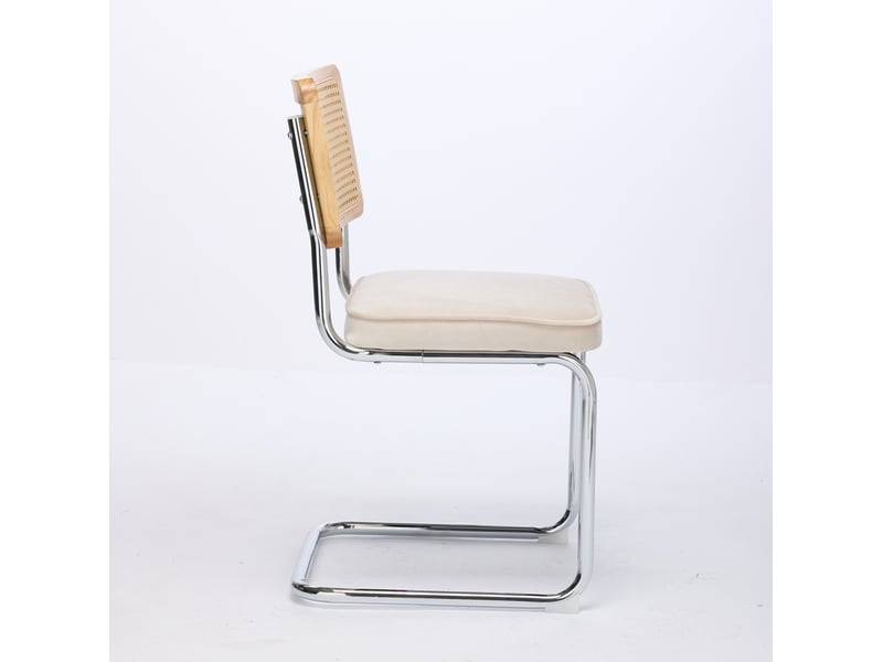  Lot de 2 chaises de salle à manger en velours beige avec dossier en rotin et piètement chromé  - Conforama A