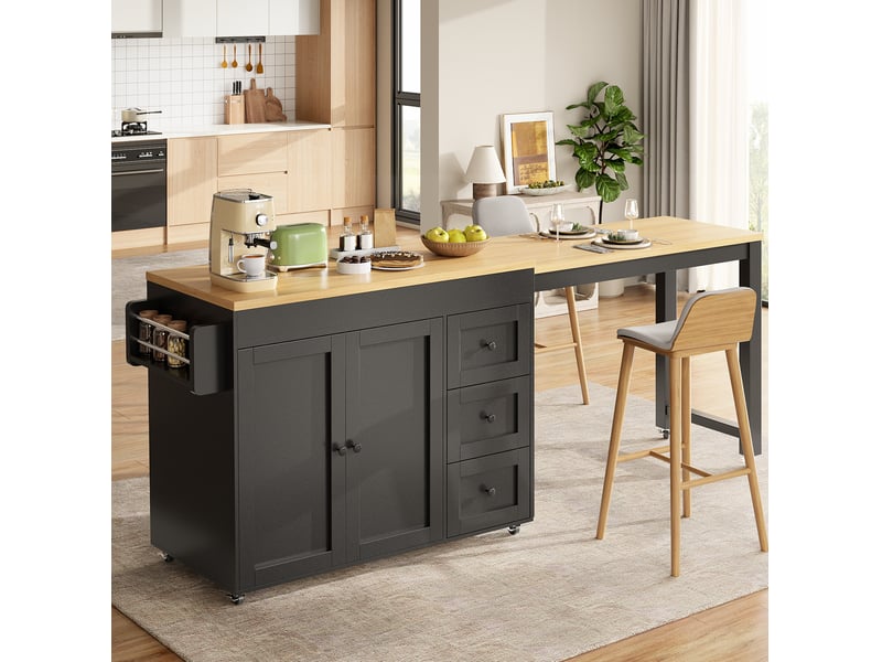 Îlot de cuisine mobile extensible 116-179,5 cm avec rangements, noir et bois - Conforama B
