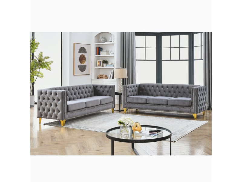  Canapé moderne - canapé en velours de style chelsfield, avec pieds dorés, boutons capitonnés, mousse + ressorts, réf. W3349s00172  - Conforama A