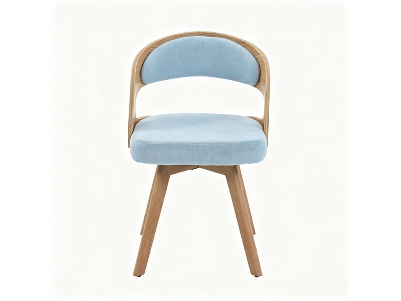  Ensemble table extensible 120-160 cm chêne clairnoyer + 6 chaises bois à assises pivotantes, coussin coton-lin bleu, pieds v rainurés  - Conforama E