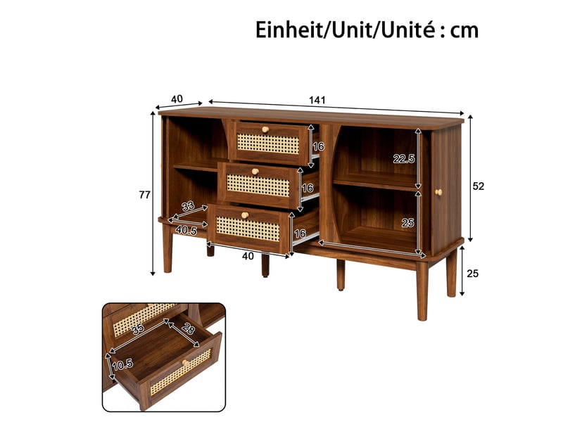 Buffet de rangement 141x40x77 cm, façades en rotin, portes coulissantes, 3 tiroirs, grand rangement pour salon et séjour - noyer GL1745D-1 - Conforama C