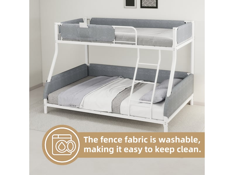  Lit superposé 90x190 + 140x190 cm en métal avec poche de rangement en tissu, barrières rembourrées et échelle - blanc  - Conforama E