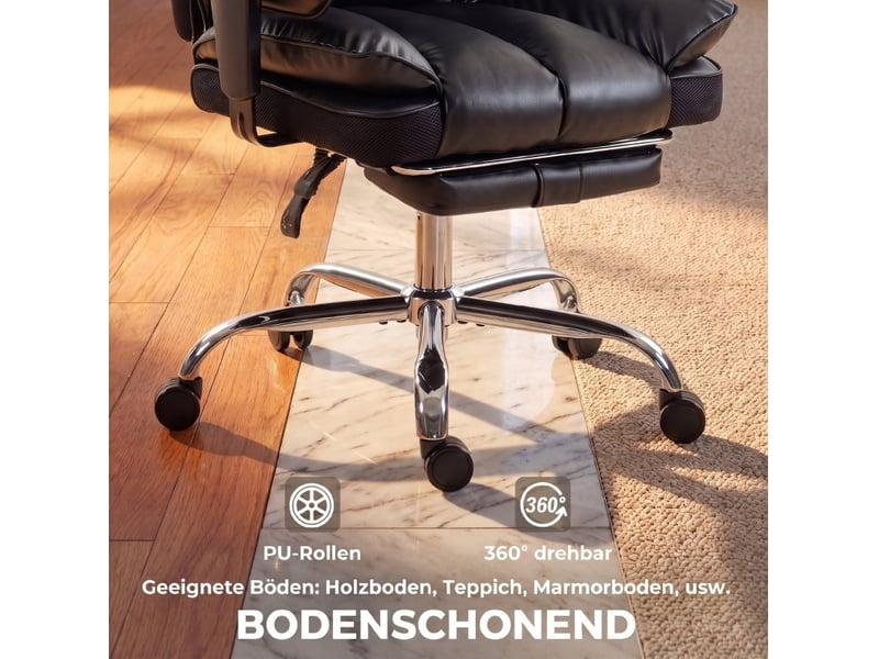 Fauteuil de bureau noir en cuir régénéré, accoudoirs réglables, repose-pieds extensible et inclinaison 135° - Conforama D