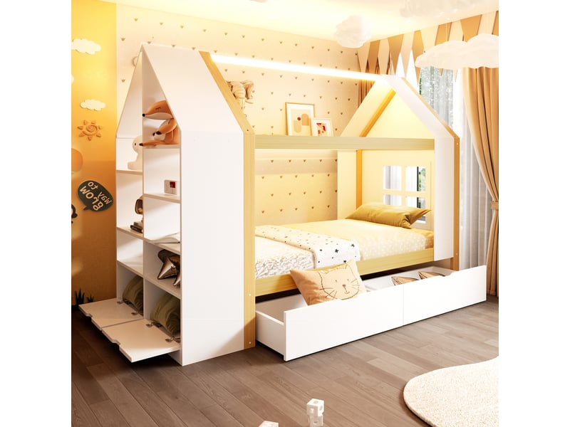  Lit cabane 90x200 cm, lit enfant, 2 tiroirs, led, bois naturel et blanc, forme maison  - Conforama E