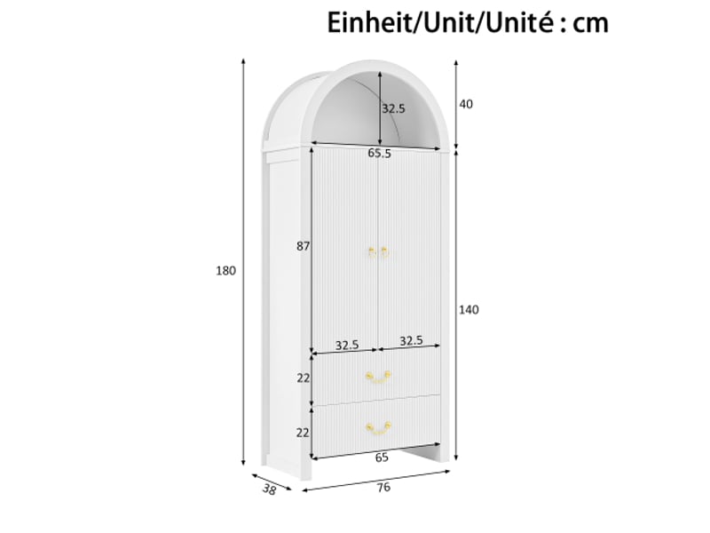  Armoire haute arquée 76x38x180 cm blanc, niche led via application, 2 portes rainurées, 2 tiroirs, mdf et panneaux  - Conforama C