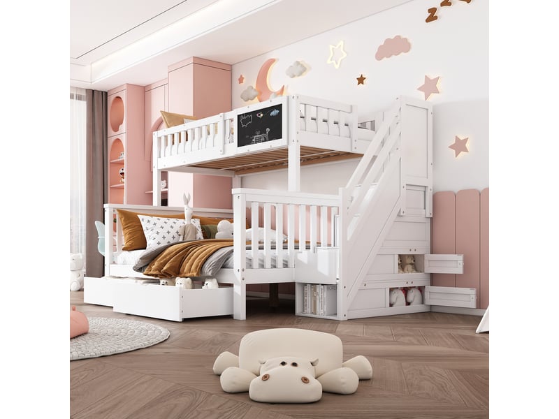  Lit superposé enfant double multifonction avec tableau et tiroirs bois massif blanc 90x200 et 140x200  - Conforama D