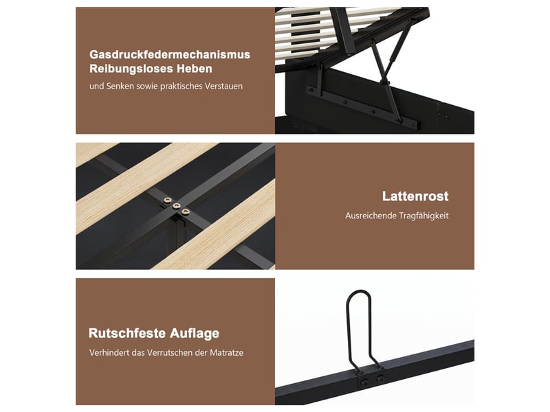 Lit coffre 140x190 avec rangement, lit 2 places avec led et ports usb lit hydraulique avec tête de lit capitonné lit double rembourré avec sommier à lattes lit 2 personnes noir pu, sans matelas - Conforama W