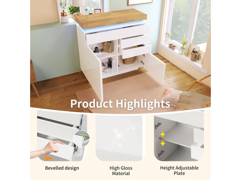  Commode à 2 portes et 3 tiroirs avec led pour salon ou chambre 110×39×115 cm en panneaux blanc  - Conforama C