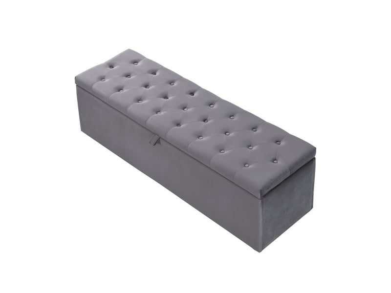  Banc de rangement velours gris, bout de lit gris avec coffre, banc capitonné 138 cm pour chambre et salon  - Conforama A