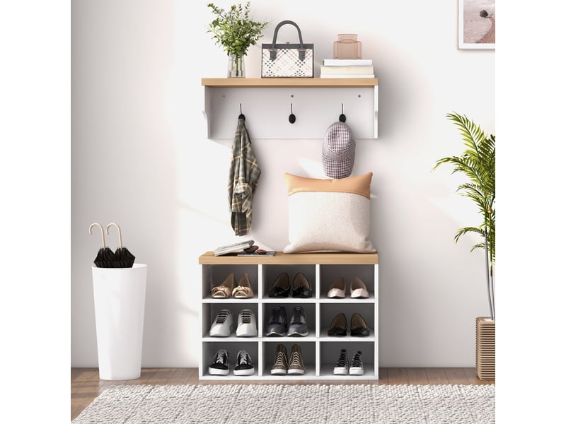  Ensemble meuble d'entrée 2-en-1 porte-manteau mural banc à chaussures 3 crochets et 9 niches 75x30x50cm blanc et chêne  - Conforama W