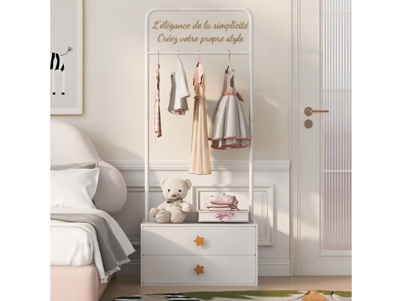 Porte-manteau enfant blanc 168 cm avec penderie, 2 tiroirs et crochets, poignées étoile, rangement chambre - Conforama B
