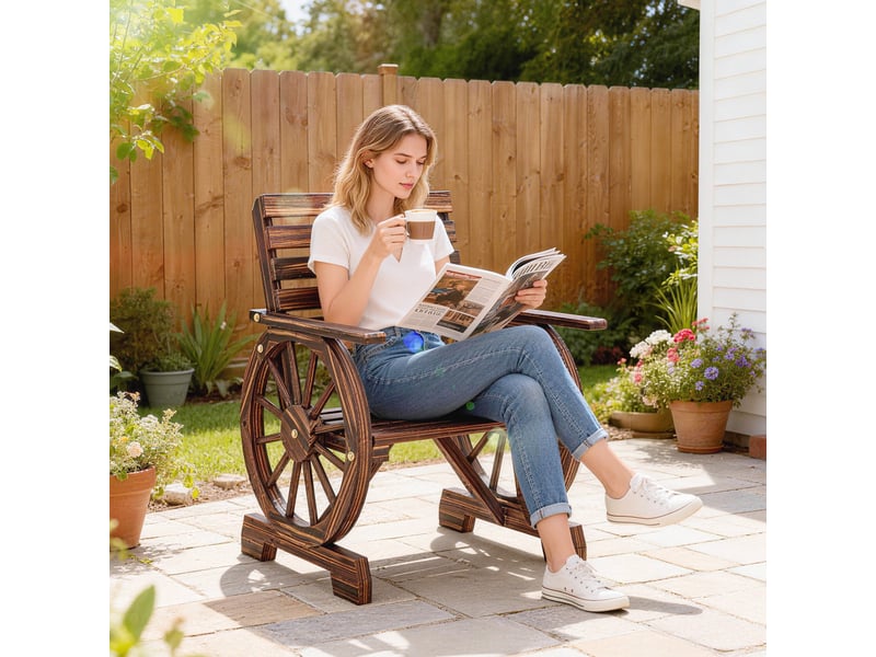  Chaise de jardin en bois avec motif de roue de chariot, chaise en bois de style campagnard, carbonisée  - Conforama C