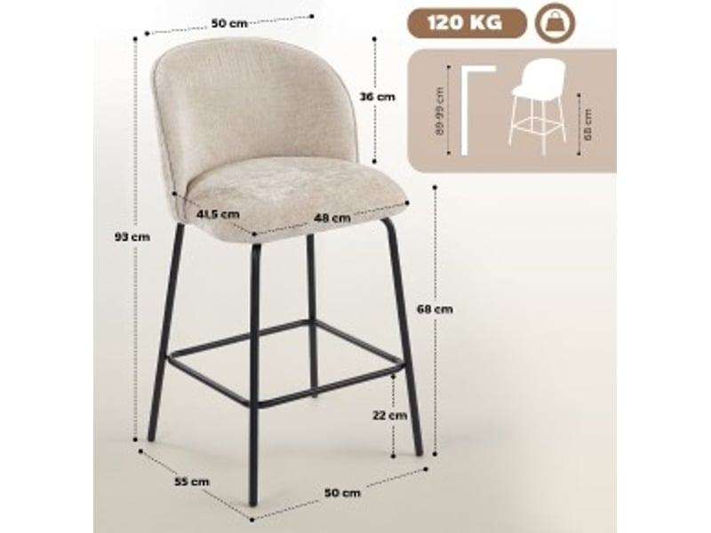  Lot de 2 tabourets de bar 50x55x93 cm en métal beige, doté de dossier et repose-pieds  - Conforama C