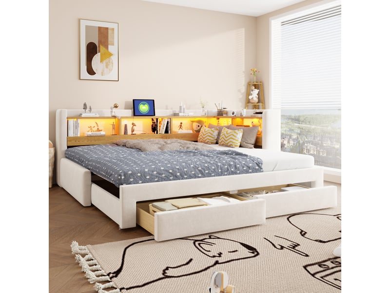 Lit banquette - 90x200 cm - 180x200 cm - forme l - convertible - lit gigogne - tiroirs de rangement - éclairage led - beige CozyNest - Conforama C