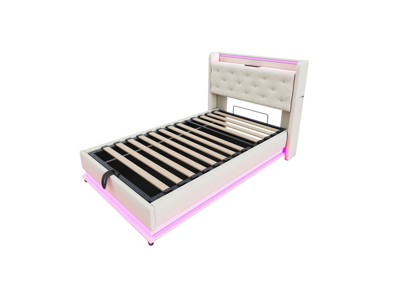  Lit capitonné 90x200, confort enfant lit une personne, led multicolore, coffre hydraulique, ports usb  - Conforama A