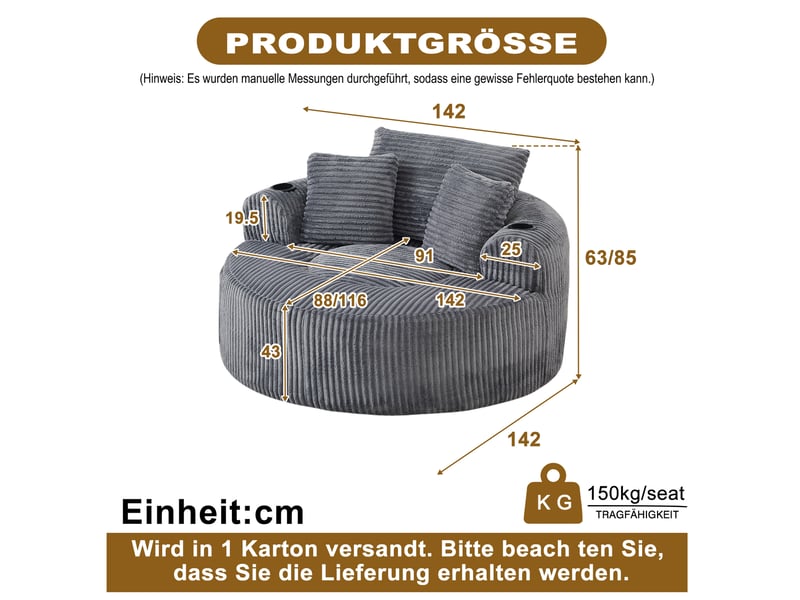 Canapé lounge rond 1 place 142.00×142.00×85.00 cm en velours côtelé avec porte-gobelets et rangements latéraux gris chicfurn - Conforama D