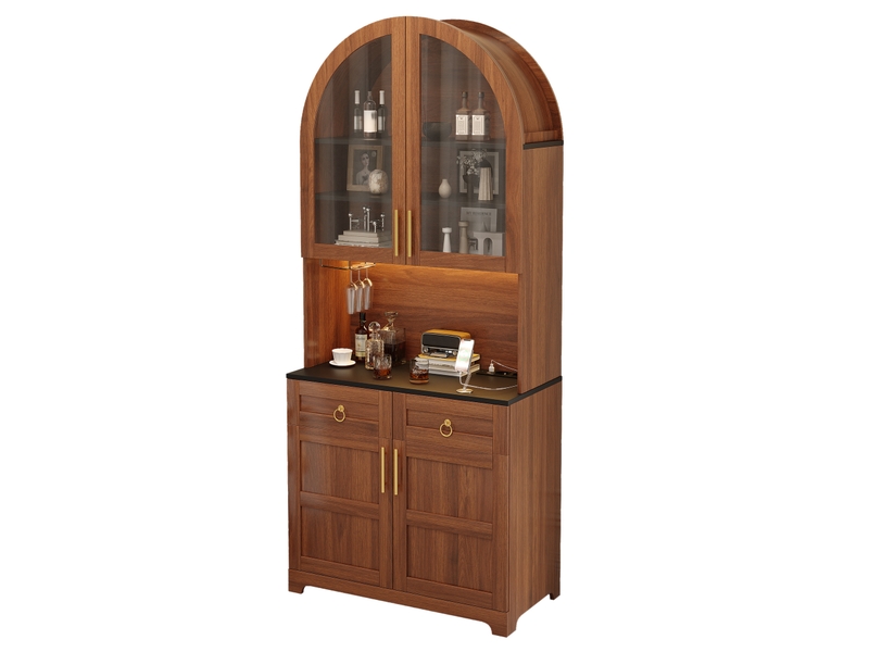  Buffet haut vitrine 80x40x180 cm finition noyer, led réglable par appli, prises et ports usb, 2 portes vitrées, 2 tiroirs, niche ouverte en arche  - Conforama A