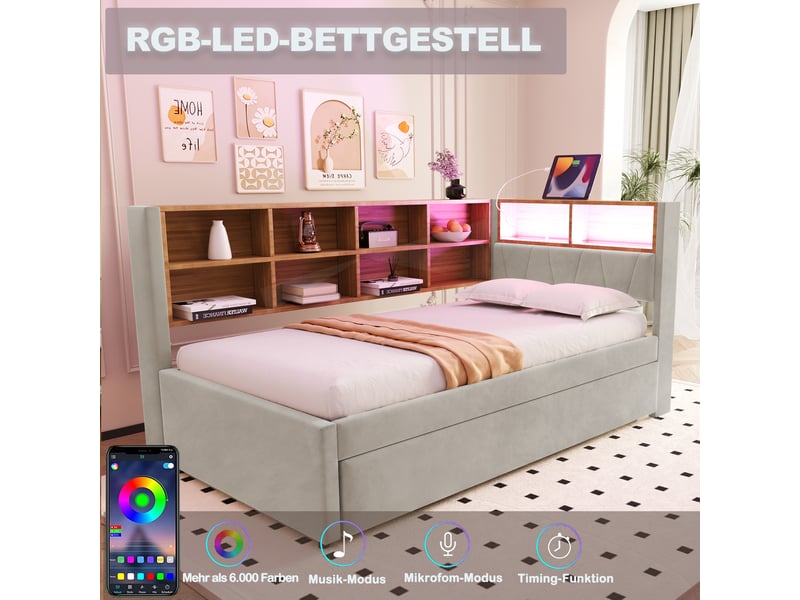  Canapé-lit 90x200 cm + gigogne 90x190 cm avec led et prises, flanelle gris clair, sans matelas  - Conforama D