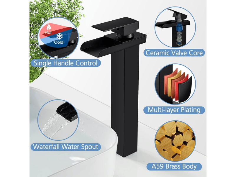 Robinet de salle de bain cascade chromé, robinet de lavabo avec bec surélevé, fonctionne de l'eau chaude et froide - noir  - Conforama B