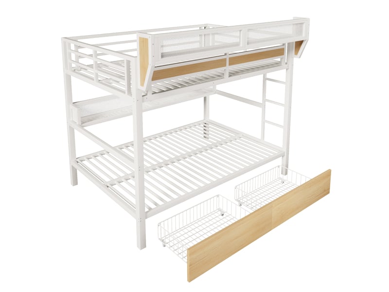  Lit superposé, 140 x 200 cm, sommier métallique, étagère, panier de rangement, 2 tiroirs métalliques, éclairage led, sans matelas, blanc  - Conforama E