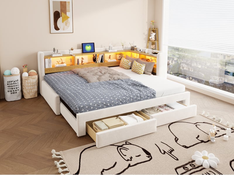 Lit enfant 90 x 200 cm avec lit gigogne, tiroirs, forme l, ledprise, convertible 180x200, beige - Conforama B