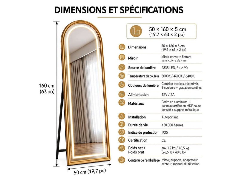  Miroir sur pied led arqué 160x50 cm avec éclairage 3 couleurs – grand miroir psyché pleine longueur tactile et dimmable, cadre finition bois naturel pour chambre et dressing  - Conforama D