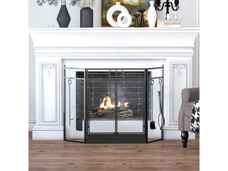  Pare-feu large pour cheminée ou poêle - pare-étincelles serviteur de cheminée 2 en 1 avec accessoires - 3 volets pliables et porte - acier métal noir  - Conforama D