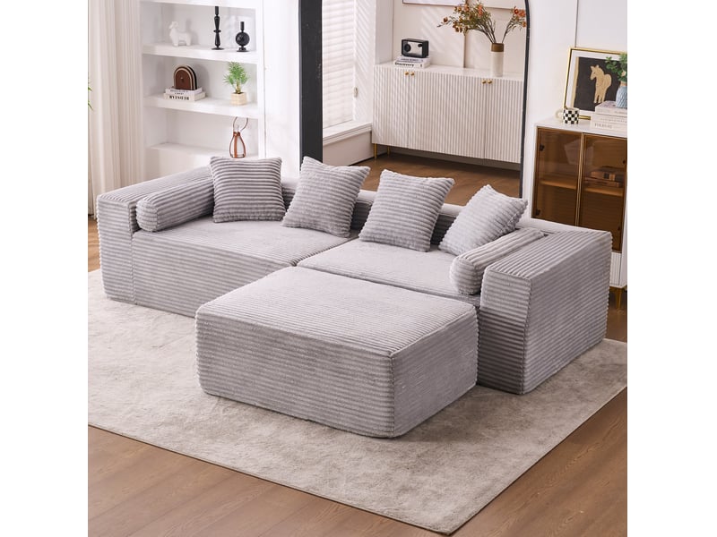  Canapé modulable d’angle compressé 217x110x60 cm 3 places en mousse et velours côtelé couleur gris, moderne  - Conforama E