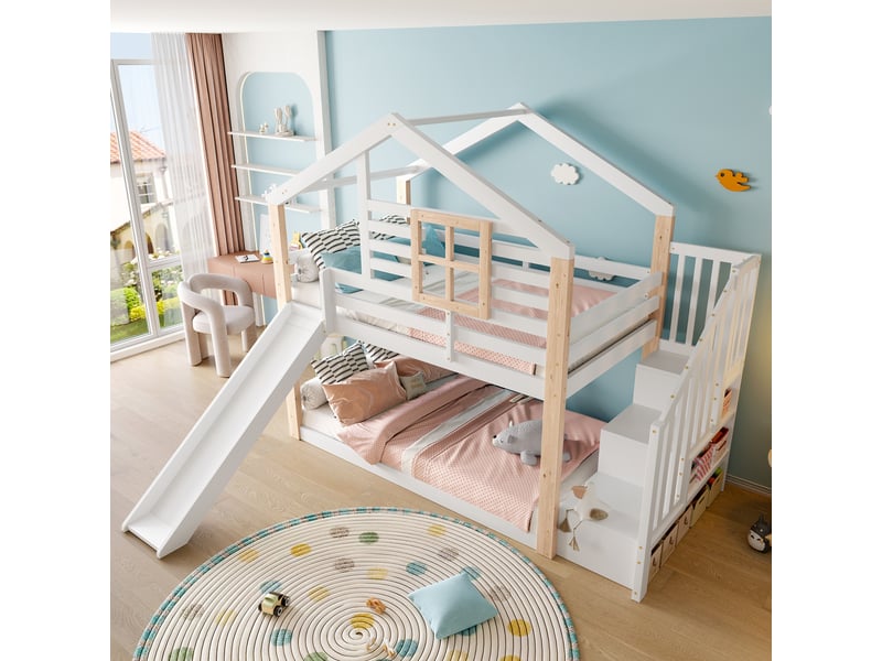  Lit superposé enfant avec toboggan, escalier et rangement, bois massif blanc et naturel, 2 couchages 90 x 200 cm  - Conforama E