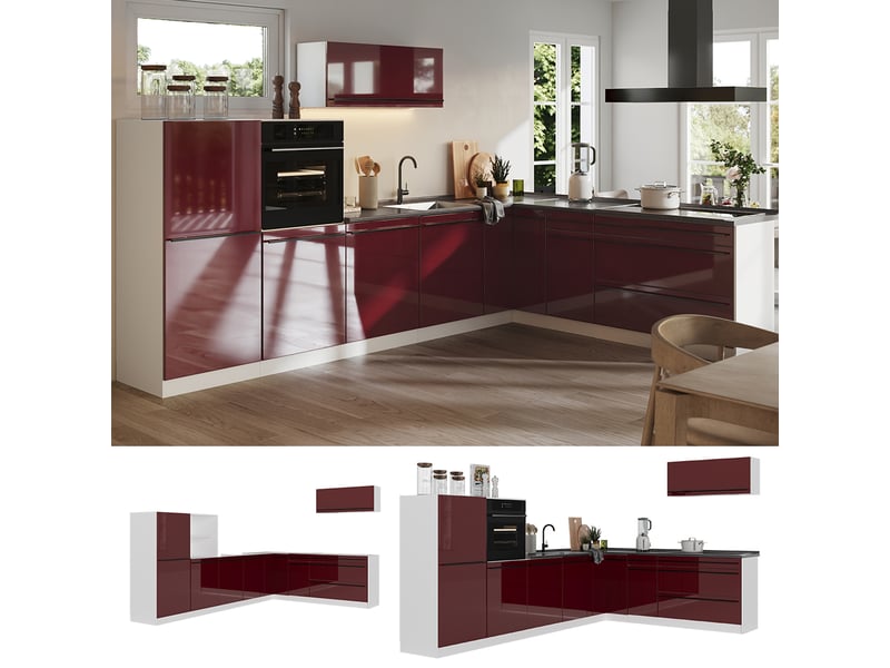  Vicco cuisine en angle, rouge brillantblanc, 327 x cm plan de travail chêne doré  - Conforama D